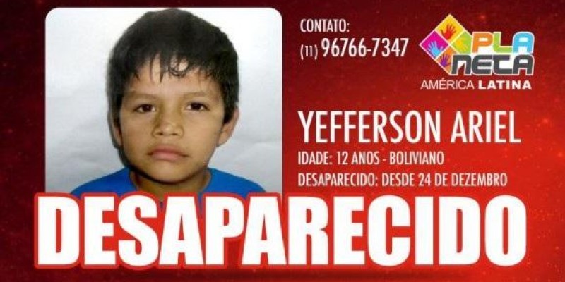 Desaparecido YEFFERSON ARIEL, garoto boliviano de 12 anos
