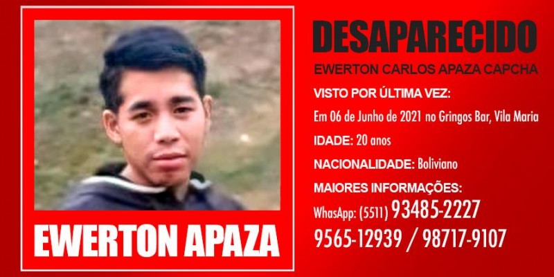 Desaparecido o boliviano Ewerton Carlos Apaza Capcha