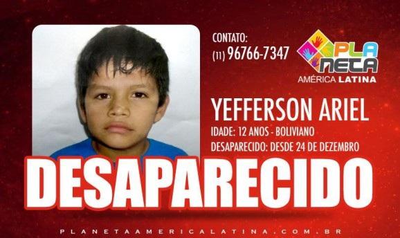 Desaparecido YEFFERSON ARIEL, garoto boliviano de 12 anos